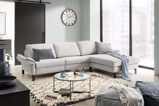 Ecksofa - 3-Sitzer mit Longchair rechts, Relaxfunktion motorisch, Stoff, Hellgrau