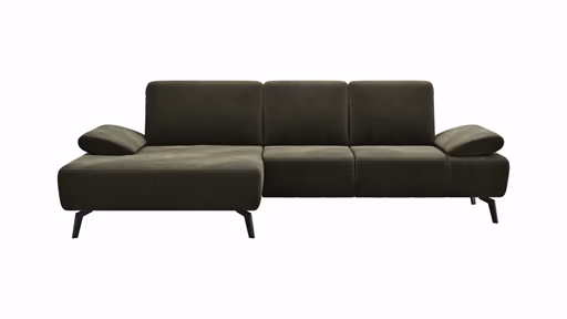 Ecksofa Theodor - Longchair links mit 2-Sitzer, Armlehne/Sitztiefe verstellbar, Stoff, Braungrün