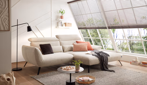 Ecksofa EM Lamego - Rückenlehne, Kopfteil und Armteil verstellbar, Stoff, Beige