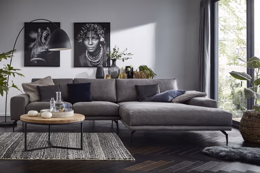 Ecksofa Redington - 2,5-Sitzer mit Longchair groß rechts, Leder, Grau