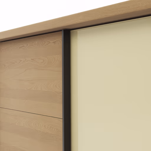 Schwebetürenschrank Lenoso -  B. ca. 260 cm, Eiche massiv, Glas, Champagner