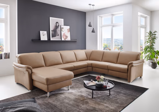 Wohnlandschaft - Longchair links mit 2,5-Sitzer und Ecke rechts, Stoff, Camel