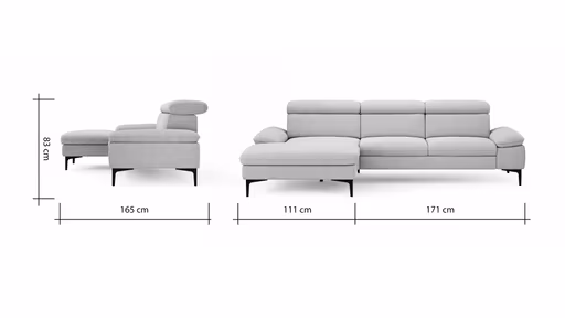 Ecksofa Felipa - Longchair links mit 2,5-Sitzer inkl. Kopfteil verstellbar, Stoff, Grau