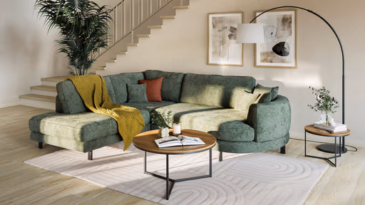 Ecksofa Solenne - Ottomane links mit Diwan rund rechts, Stoff, Olive