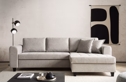 Ecksofa - 2-Sitzer, Ecke rechts inkl. Schlaffunktion mit Bettkasten, Stoff, Steingrau