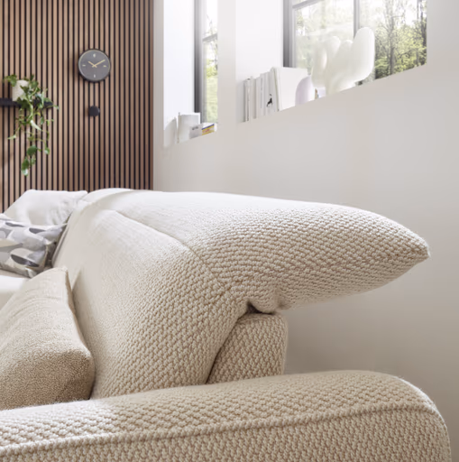 Ecksofa EM Miramar - Longchair links mit 3-Sitzer, Kopfteil/Sitztiefe verstellbar, Stoff, beige