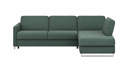 Ecksofa Nuoro - 2-Sitzer mit Longchair rechts inkl. Schlaffunktion und Bettkasten, Stoff, Dunkelgrün