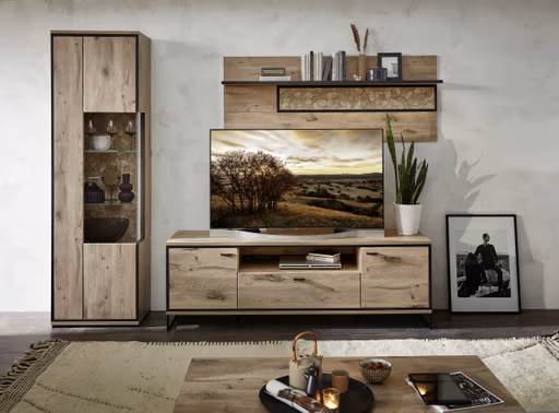 Wohnwand - mit Beleuchtung, Eiche