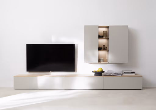 Wohnwand Venzone - B ca. 360 cm, Lack, Hellgrau, Eiche furniert