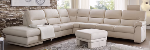 Wohnlandschaft EM St. Gallen - Hocker links, Relax-Eckteil, 3-Sitzer rechts, Leder, Natur