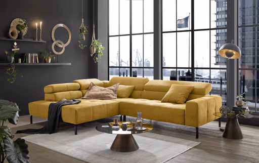 Ecksofa COLLEEN 2.0 - Ecke links mit 2-Sitzer, Kopfteil verstellbar, Feincord, Gold