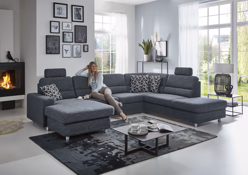 Wohnlandschaft - Longchair links mit 2,5-Sitzer und Ecke rechts, Stoff Dunkelblau