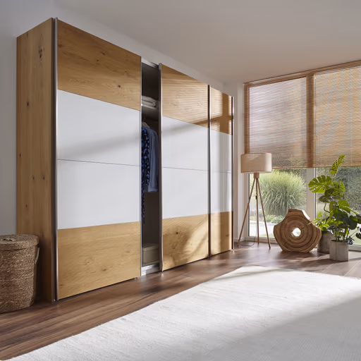 Schwebetürenschrank Colorado - B ca. 307 cm, Eichenfurnier mit Glas weiss