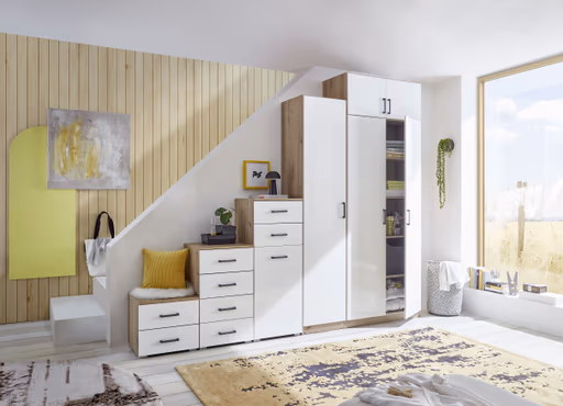 Schranksystem RHONDA- Eiche Dekor, Weiß, Hochglanz