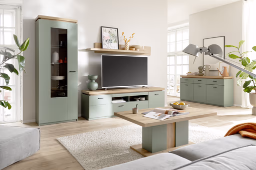 TV-Lowboard - mit Beleuchtung, B ca. 195 cm, Salbeigrün, Eiche Evoke Nachbildung