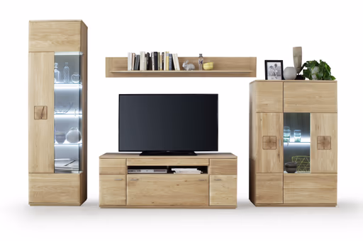 Wohnwand - mit Beleuchtung, Eiche teilmassiv