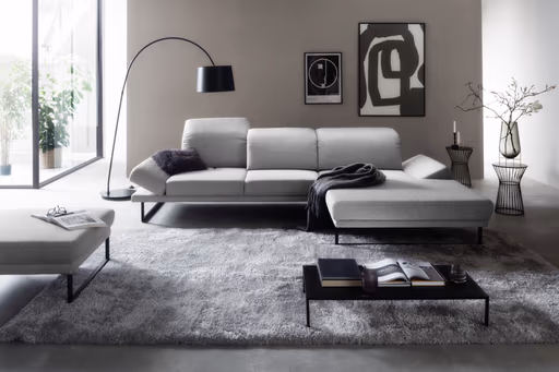 Ecksofa - 2-Sitzer mit Longchair rechts, Kopfteil/Sitztiefe/Armlehne verstellbar, Stoff, Hellgrau