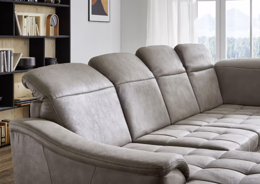 Wohnlandschaft - Longchair links mit 2,5-Sitzer und Ecke rechts, Kopfteil verstellbar, Stoff, Platin