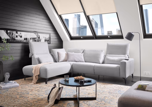 Ecksofa - Ecke links mit 3-Sitzer, Rückenlehne verstellbar, Stoff, Hellgrau