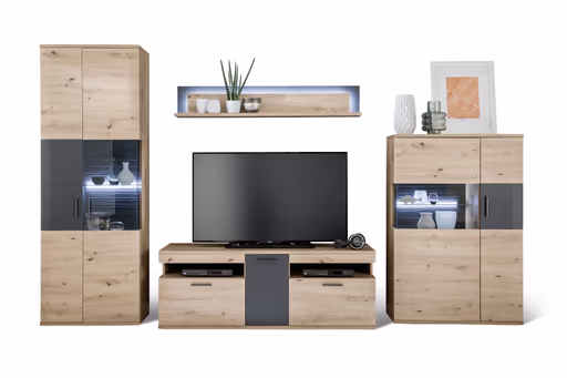 Wohnwand - mit Beleuchtung, Balkeneiche 