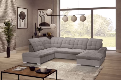 Wohnlandschaft - Ecke links, 2-Sitzer, Longchair rechts inkl. Schlaffunktion und Bettkasten, verstellbare Kopfstützen, Stoff, Grau