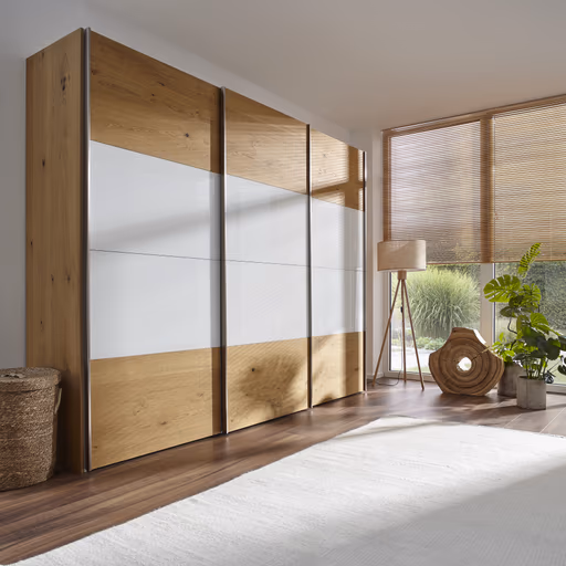 Schwebetürenschrank Colorado - B ca. 307 cm, Eichenfurnier mit Glas weiss