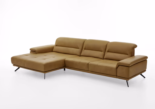 Ecksofa - 3-Sitzer mit Longchair links, Kopfteil verstellbar (manuell), Leder, Kurkuma