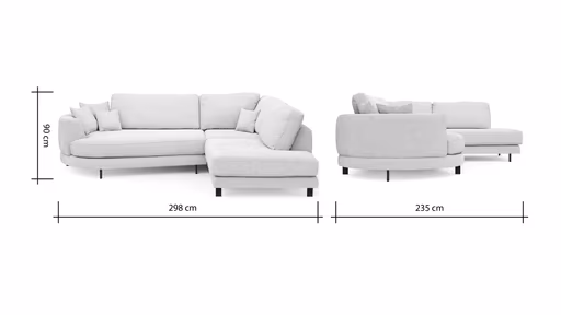 Ecksofa Solenne - Diwan rund links mit Ottomane rechts, Stoff, Weiß