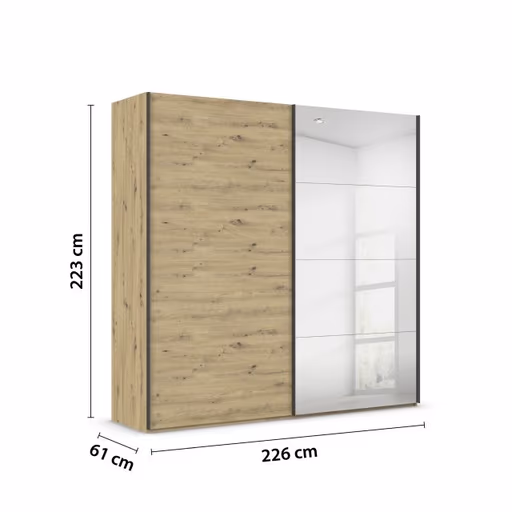 Schwebetürenschrank ROVERO- B ca. 225 cm, Eiche Dekor, Spiegel
