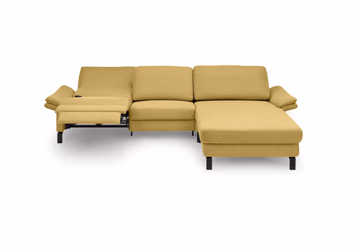 Ecksofa CALM PREMIUM 2.0 - 3-Sitzer mit Longchair rechts, Relaxfunktion motorisch, Armlehne verstellbar, Stoff, Kurkuma