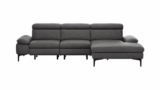 Ecksofa Felipa - 2,5-Sitzer mit Longchair rechts inkl. Armlehne verstellbar und Rückenlehne/Sitztiefe verstellbar (motorisch), Leder, Grau