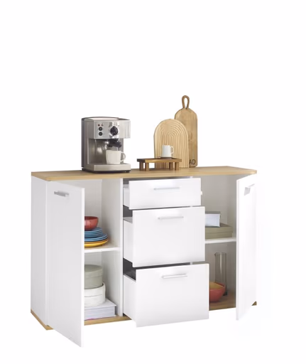 Kommode - B ca. 135 cm, Weiß, Artisan Eiche Nachbildung