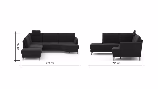 Sofa Stamford - inkl. Armlehne verstellbar und Kopfstütze, Ecksofa 2-sitzig und Abschlusshocker links mit 3,5-Sitzer, Bogen rechts, Stoff, Dunkelblau