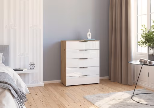 Kommode RIPP- Eiche Dekor, Glas, Weiß