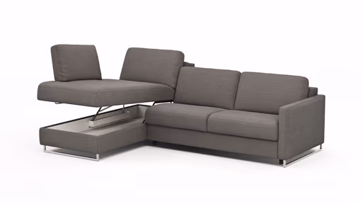 Ecksofa Nuoro - Longchair links mit 2-Sitzer inkl. Schlaffunktion und Bettkasten, Stoff, Grau