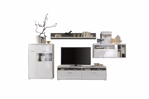 Wohnwand - mit Beleuchtung, Hochglanz, Weiß