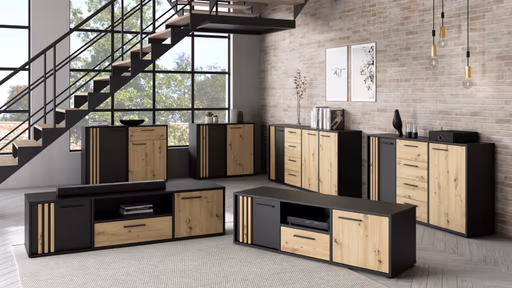 TV-Board FLORISS- Schwarz, Eiche Dekor