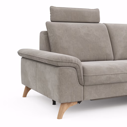 Ecksofa Tulsa KS - 2,5-Sitzer, Spitzecke und 1,5-Sitzer mit Anstellhocker aufklappbar rechts, inkl. Kopfstütze, AL verstellbar und Schlaffunktion, Stoff, Graubeige
