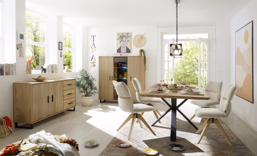 Highboard-  Eiche furniert, Schwarz, Glas