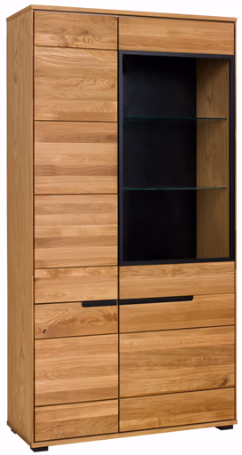 Vitrine- Eiche, Massiv, Glas, Alurahmen, Schwarz