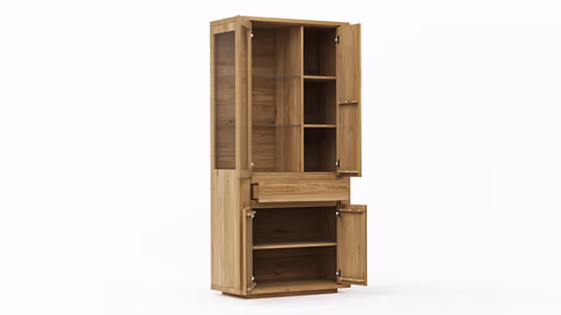 Vitrine Bakersfield - sichtbare Rückwand und Schublade geschroppt, Asteiche massiv, geölt