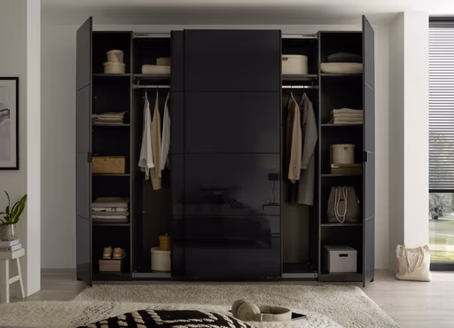 Schwebe- Drehtürenschrank - B. ca. 267 cm, Grauglas, Graphit