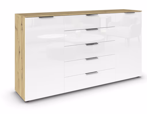 Kommode RIPP- Eiche Dekor, Glas, Weiß