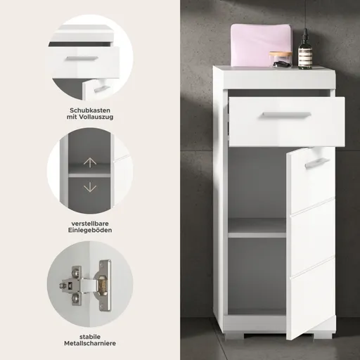 Standschrank - B ca. 37 cm, Weiß, Weiß Hochglanz