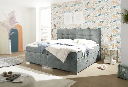 Boxspringbett SANDRIN I- Liegefläche ca. 200x200 cm, Stoff, Grau,  inkl. Stauraum