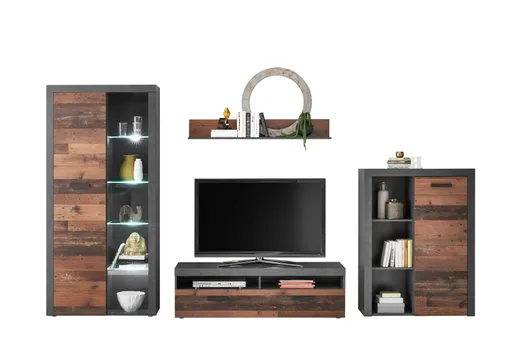 Wohnwand - mit Beleuchtung, Vintage Dekor, Betonoptik Dunkelgrau