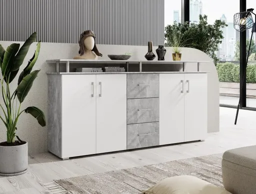 Highboard - B ca. 178 cm, Betonoptik, Weiß