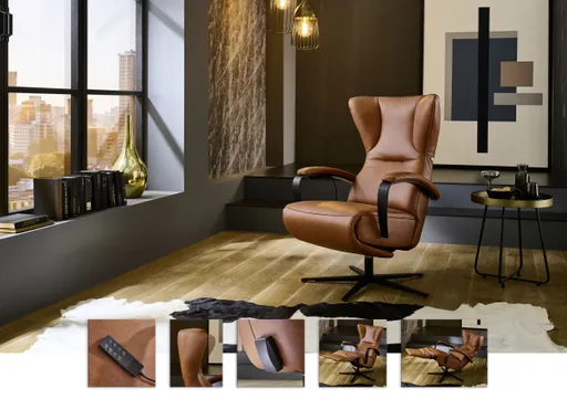 Sessel - Relaxfunktion motorisch, Leder, Cognac