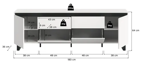 Lowboard - B ca. 188 cm, Weiß, Schwarz