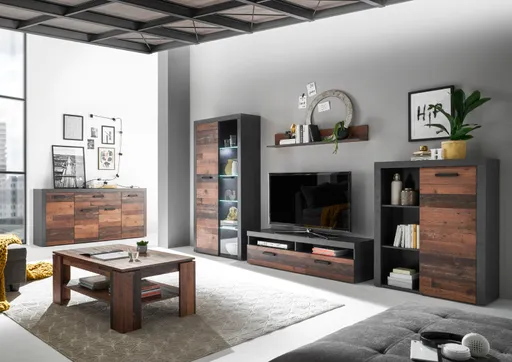 Wohnwand - mit Beleuchtung, Vintage Dekor, Betonoptik Dunkelgrau